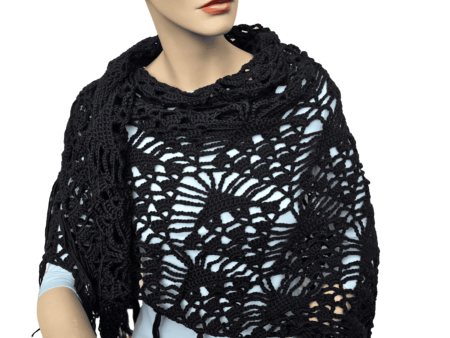 Oversized Black Wool Lace Shawl with Fringes